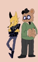 Size: 800x1280 | Tagged: safe, artist:puppychan, angus delaney (nitw), gregg lee (nitw), bear, brown bear, canine, fox, mammal, night in the woods, bipedal, black hat, black nose, black shirt, black shoes, brown body, brown fur, clothes, cream background, crossed arms, duo, duo male, fur, glasses, jeans, male, males only, open mouth, open smile, pants, round glasses, smiling, standing, yellow body, yellow fur