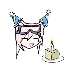 Size: 1312x1347 | Tagged: safe, artist:tunaplus_c, animal humanoid, canine, dog, fictional species, mammal, humanoid, arknights, birthday, cake, candle, cardigan (arknights), clothes, eyes closed, female, fire, food, goggles, goggles on head, hair, hat, head only, headwear, party hat, pink hair, plate, simple background, smiling, solo, solo female, white background