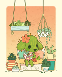Size: 720x900 | Tagged: safe, artist:celesse, canine, dog, fictional species, flora fauna, hybrid, mammal, semi-anthro, 2d, book, cactus, chair, cottagecore, cute, female, flower, holding, holding book, holding object, plant, sitting, smiling, solo, solo female