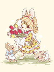 Size: 600x800 | Tagged: safe, artist:celesse, lagomorph, mammal, rabbit, anthro, 2d, bloomers, bonnet, bottomwear, bouquet, clothes, cottagecore, cute, dress, female, females only, flower, plant, trio, trio female, young