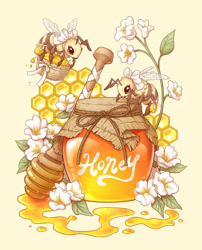 Size: 871x1080 | Tagged: safe, artist:celesse, arthropod, bee, insect, feral, 2d, cute, duo, duo female, female, females only, flower, honey, plant