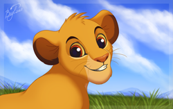 Size: 2419x1523 | Tagged: safe, artist:bayl, simba (the lion king), big cat, feline, lion, mammal, feral, disney, the lion king, 2023, 2d, cloud, cub, cute, day, grass, looking at you, male, signature, sky, smiling, smiling at you, solo, solo male, young