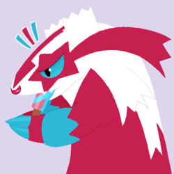 Size: 450x450 | Tagged: safe, artist:pinnipip, fictional species, linoone, mammal, shiny pokémon, feral, nintendo, pokémon, ambiguous gender, blue sclera, claws, colored sclera, eating, fangs, food, fur, galarian linoone, gray background, magenta body, magenta fur, popsicle, sharp teeth, simple background, smiling, solo, solo ambiguous, teeth, white body, white fur