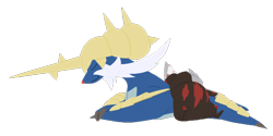 Size: 700x350 | Tagged: safe, artist:pinnipip, excadrill, fictional species, mammal, mole, samurott, anthro, feral, nintendo, pokémon, ambiguous gender, ambiguous only, claws, duo, duo ambiguous, eyes closed, lounging, lying down, lying on someone, on back, prone, resting, simple background, smiling, starter pokémon, transparent background