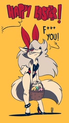 Size: 1152x2048 | Tagged: safe, artist:fox-popvli, loona (vivzmind), canine, fictional species, hellhound, mammal, anthro, plantigrade anthro, hazbin hotel, helluva boss, angry, basket, blushing, breasts, bunny ears, bunny suit, cleavage, clothes, container, easter, easter egg, female, hair, hair over one eye, high heels, looking at you, shoes, solo, solo female, thick thighs, thighs, wide hips