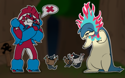 Size: 1097x685 | Tagged: safe, artist:pinnipip, fictional species, ghost, hisuian typhlosion, mammal, obstagoon, phantump, shiny pokémon, typhlosion, undead, anthro, plantigrade anthro, semi-anthro, nintendo, pokémon, ambiguous gender, blue sclera, claws, colored sclera, crossed arms, crying, female, fire, forest, lidded eyes, lost, outdoors, plant, red eyes, sign, speech bubble, starter pokémon, toe claws, toes, tree, x