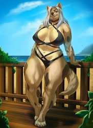 Size: 1067x1467 | Tagged: suggestive, artist:rayjay, oc, oc only, oc:sophie (ermwhat404), hyena, mammal, spotted hyena, anthro, 2023, absolute cleavage, barefoot, beach, belly button, big breasts, bikini, black bikini, black nose, breasts, claws, cleavage, clothes, commission, feet, female, grin, hair, hair over one eye, lingerie, looking at you, looking down, looking down at you, ocean, plant, sand, sky, smiling, smiling at you, solo, solo female, swimsuit, tail, thick thighs, thighs, toe claws, toes, underwear, water, white hair, wide hips