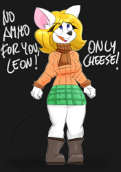 Size: 1610x2289 | Tagged: safe, artist:flutterthrash, ashley graham (resident evil), mammal, mouse, rodent, anthro, capcom, resident evil, 2023, anthrofied, bottomwear, breasts, cheese, clothes, cute, dialogue, digital art, ears, eyelashes, featured image, female, fur, hair, moushley, open mouth, shirt, skirt, solo, solo female, species swap, tail, talking, text, thighs, tongue, topwear, wide hips