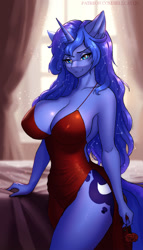 Size: 927x1621 | Tagged: safe, artist:hellcat120, princess luna (mlp), alicorn, equine, fictional species, mammal, pony, anthro, friendship is magic, hasbro, my little pony, 2023, absolute cleavage, anthrofied, big breasts, bottomwear, breasts, cleavage, clothes, cutie mark, detailed background, digital art, dress, ears, eyelashes, female, flower, fur, hair, holding, horn, looking at you, mane, mare, plant, red dress, rose, solo, solo female, tail, thighs, wide hips, wingless anthro