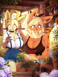 Size: 1000x1333 | Tagged: safe, artist:teranen, eeveelution, fictional species, flareon, leafeon, mammal, anthro, nintendo, pokémon, 2023, big breasts, breasts, clothes, duo, duo female, female, females only