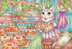 Size: 2318x1589 | Tagged: safe, artist:monniponi, cat, feline, mammal, semi-anthro, 2023, 2d, berry, cake, cinnamon bun, clothes, cottagecore, curtain, cute, female, flower, flower pot, food, fruit, gloves, kitchen, looking at you, mittens, plant, smiling, smiling at you, solo, solo female, stool, strawberry, traditional art, watercolor painting, window