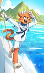 Size: 1202x2000 | Tagged: safe, artist:efi_arts, oc, oc only, cat, feline, mammal, anthro, barefoot, male, mountain, ocean, sailor outfit, solo, solo male, water, whiskers