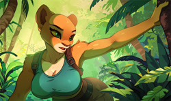 Size: 1150x683 | Tagged: safe, artist:furctose, lara croft (tomb raider), nala (the lion king), big cat, feline, lion, mammal, anthro, disney, square enix, the lion king, tomb raider, 2023, breasts, clothes, cosplay, detailed background, eyelashes, female, half body, jungle, lioness, outdoors, solo, solo female, straps