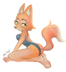Size: 1280x1387 | Tagged: safe, artist:rhytten0, diane foxington (the bad guys), canine, fox, mammal, anthro, dreamworks animation, the bad guys, barefoot, big breasts, big butt, breasts, butt, clothes, feet, female, kneeling, one-piece swimsuit, open mouth, soles, solo, solo female, swimsuit, thick thighs, thighs, toes, vixen, wide hips