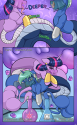 Size: 2060x3337 | Tagged: suggestive, artist:novaspark, artist:suspega, part of a set, twilight sparkle (mlp), oc, oc:nova spark, equine, fictional species, genie, genie pony, hybrid, mammal, pony, reptile, snake, snake pony, unicorn, feral, lamia, friendship is magic, hasbro, my little pony, bedroom eyes, belly, bottle, bulges, container, duo, duo female, ear piercing, earring, fangs, female, females only, forked tongue, jewelry, long tongue, looking at you, mare, oral vore, piercing, sharp teeth, tail, tail bulge, teeth, tongue, veil, vore