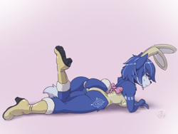 Size: 1200x900 | Tagged: safe, artist:gluepaw, krystal (star fox), canine, fox, mammal, anthro, nintendo, star fox, 2023, bed, blue body, blue fur, blue hair, body markings, boots, bow, breasts, bunny ears, bunny suit, butt, clothes, dipstick tail, easter, fake ears, female, fluff, fur, green eyes, hair, high heel boots, high heels, jewelry, leotard, looking at you, on bed, one leg raised, raised leg, shoes, short hair, shoulder fluff, smiling, solo, solo female, tail, tail jewelry, tail ring, vixen, white body, white fur