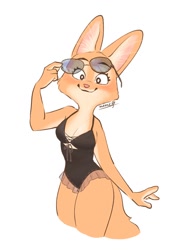 Size: 914x1256 | Tagged: safe, artist:penpen_disney, diane foxington (the bad guys), canine, fox, mammal, anthro, dreamworks animation, the bad guys, breasts, cleavage, clothes, cute, female, glasses, looking at you, simple background, smiling, smiling at you, solo, solo female, sunglasses, swimsuit