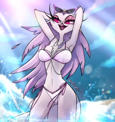Size: 1928x2048 | Tagged: safe, artist:gisart, stella (vivzmind), bird, demon, fictional species, galliform, peafowl, anthro, hazbin hotel, helluva boss, arms behind head, bikini, breasts, chest fluff, clothes, colored sclera, female, fluff, glasses, glasses on head, lidded eyes, mature, mature female, ocean, open mouth, outdoors, red sclera, solo, solo female, sunbeam, sunglasses, sunglasses on head, swimsuit, water