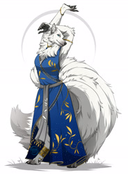 Size: 1500x2040 | Tagged: safe, artist:kitsooki, oc, canine, fictional species, fox, kitsune, mammal, anthro, 2023, armlet, bottomwear, bracelet, chest fluff, clothes, cyan eyes, digital art, dress, ear fluff, ears, female, fluff, fur, jewelry, looking at you, multiple tails, necklace, paws, signature, simple background, solo, solo female, standing, tail, white background, white body, white fur