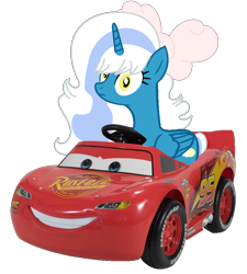 Size: 800x890 | Tagged: safe, artist:santi0095, lightning mcqueen (cars), oc, oc only, oc:fleurbelle, alicorn, equine, fictional species, mammal, pony, cars (disney), disney, pixar, bow, car, female, hair bow, horn, mare, simple background, solo, solo female, transparent background, vehicle, wings, yellow eyes