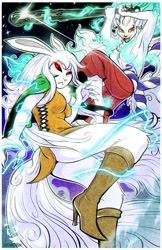 Size: 699x1080 | Tagged: safe, artist:scottyartz, carrot (one piece), yamato (one piece), demon, fictional species, lagomorph, mammal, mink tribe, rabbit, anthro, one piece, 2022, barefoot, big breasts, big butt, breasts, butt, duo, feet, female, high heel boots, looking at you, sulong, sulong carrot (one piece), thick thighs, thighs, toes, wide hips