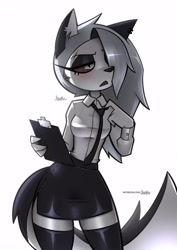 Size: 2896x4096 | Tagged: safe, artist:jizokuart, loona (vivzmind), canine, fictional species, hellhound, mammal, anthro, hazbin hotel, helluva boss, 2023, black nose, blushing, breasts, clipboard, clothes, colored sclera, ear piercing, ears, eyelashes, eyeshadow, female, gray hair, hair, hair over one eye, legwear, lidded eyes, long hair, makeup, necktie, office lady, pencil skirt, piercing, red sclera, shirt, short skirt, side slit, simple background, solo, solo female, tail, thigh highs, thighs, topwear, white background, white body, zettai ryouiki
