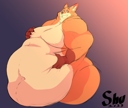 Size: 1900x1604 | Tagged: suggestive, artist:shunan, nick wilde (zootopia), canine, fox, mammal, anthro, disney, zootopia, fat, hyper, male, moobs, morbidly obese, weight gain
