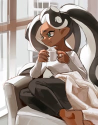 Size: 1305x1668 | Tagged: safe, artist:29_nom, animal humanoid, fictional species, mammal, mollusk, octoling, octopus, humanoid, nintendo, splatoon, barefoot, beauty mark, blanket, bottomwear, clothes, coffee mug, couch, female, indoors, looking to the side, pants, relaxing, shirt, sitting, solo, solo female, sunlight, tentacle hair, topwear