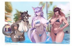 Size: 4660x3000 | Tagged: suggestive, artist:lovlxshed, artist:lovlxshedwww, oc, oc only, oc:chabett (pgm300), dragon, fictional species, furred dragon, lagomorph, mammal, rabbit, wingless dragon, anthro, 2023, belly button, bent over, bikini, black body, black hair, breasts, brown body, brown fur, brown hair, bulging breasts, clothes, collar, collarbone, dragoness, female, females only, fur, glistening, glistening body, glistening breasts, glistening clothing, hair, hand on chest, hand on hip, horns, huge breasts, open mouth, outdoors, partially submerged, purple body, purple hair, red eyes, short hair, string bikini, swimming pool, swimsuit, thick thighs, thighs, trio, trio female, water, wet, white body, wide hips