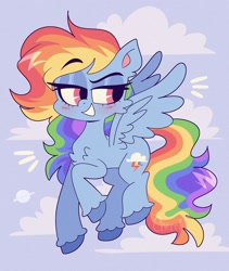 Size: 2366x2800 | Tagged: safe, artist:cherricoke-art, rainbow dash (mlp), equine, fictional species, mammal, pegasus, pony, feral, friendship is magic, hasbro, my little pony, 2023, blue body, blue fur, eyelashes, feathered wings, feathers, female, fur, hair, high res, lidded eyes, mane, mare, rainbow hair, rainbow mane, rainbow tail, solo, solo female, tail, wings