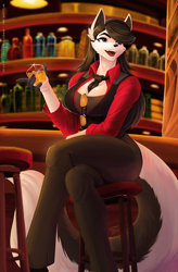 Size: 1200x1824 | Tagged: safe, artist:wmdiscovery93, oc, oc:gwyn (wmdiscovery93), canine, mammal, wolf, anthro, alcohol, bottomwear, breasts, cleavage, clothes, drink, female, huge breasts, necktie, pants, shirt, sitting, solo, solo female, tail, thick thighs, thighs, topwear, wide hips