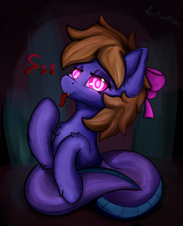 Size: 2200x2704 | Tagged: safe, artist:aquamuro, oc, oc only, equine, fictional species, hybrid, mammal, pony, reptile, snake, snake pony, feral, lamia, friendship is magic, hasbro, my little pony, 2023, :p, bedroom eyes, bow, chest fluff, cute, cute little fangs, ear fluff, eyelashes, eyeshadow, fangs, female, fluff, forked tongue, hair bow, high res, holding, hooves, hypno eyes, hypnosis, line art, looking at you, makeup, mare, open mouth, pink eyes, prehensile tail, raised hoof, seductive look, sharp teeth, signature, simple background, smug, smug smile, snake tail, solo, solo female, tail, tail hold, teeth, text, tongue, tongue out