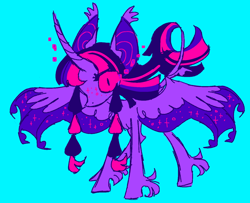 Size: 1280x1038 | Tagged: safe, artist:webkinzworldz, twilight sparkle (mlp), alicorn, bat pony, bat pony alicorn, equine, fictional species, mammal, pony, feral, friendship is magic, hasbro, my little pony, 2021, alternate design, alternate hairstyle, bat ears, bat wings, blue background, feathered wings, feathers, female, hair, hooves, horn, leonine tail, mare, simple background, solo, solo female, tail, unshorn fetlocks, webbed wings, wings