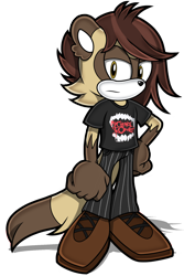 Size: 1200x1800 | Tagged: safe, artist:toyminator900, black-footed ferret, ferret, mammal, mustelid, anthro, panic! at the disco, ryan ross, sega, sonic the hedgehog (series), bottomwear, clothes, fur, hand on hip, male, pants, shirt, shoes, simple background, solo, solo male, sonicified, t-shirt, tail, tan body, tan fur, topwear, transparent background