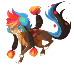 Size: 1148x1077 | Tagged: safe, artist:hioming, oc, oc only, feral, 2013, ambiguous gender, black tail, blue body, blue eyes, blue fur, blue tail, brown body, brown fur, full body, fur, hair, multicolored fur, multicolored tail, red hair, simple background, solo, solo ambiguous, tail, transparent background, two toned tail, yellow body, yellow fur