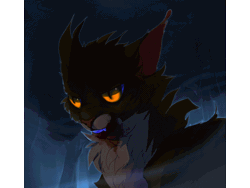 Size: 800x600 | Tagged: safe, artist:hioming, tigerstar (warrior cats), cat, feline, mammal, feral, warrior cats, 2013, animated, blood, brown body, brown fur, detailed background, fur, gif, male, orange eyes, outdoors, solo, solo male