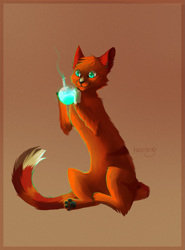 Size: 1249x1689 | Tagged: safe, artist:hioming, oc, oc only, cat, feline, mammal, feral, 2013, ambiguous gender, art trade, border, cyan eyes, full body, fur, orange body, orange fur, potion, simple background, sitting, solo, solo ambiguous