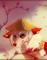 Size: 607x772 | Tagged: safe, artist:hioming, oc, oc only, canine, mammal, feral, 2013, ambiguous gender, bell, blue eyes, clothes, collar, detailed background, digital art, digital painting, fur, hat, headwear, plant, red body, red fur, red nose, smiling, solo, solo ambiguous, tree, wearing hat