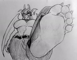 Size: 2048x1601 | Tagged: safe, artist:6o6paws, oc, oc:myra (zp92), dragon, fictional species, anthro, barefoot, belt, big breasts, breasts, claws, clothes, curved horns, dragon wings, dragoness, ear piercing, feet, female, fetish, foot fetish, foot focus, glasses, hair, hair over one eye, hippie, looking at you, looking down, looking down at you, piercing, round glasses, smiling, smiling at you, soles, solo, solo female, thick thighs, thighs, toe claws, toe ring, toes, underboob, wide hips