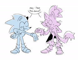 Size: 2000x1530 | Tagged: safe, artist:fernsnailz, blaze the cat (sonic), sonic the hedgehog (sonic), cat, feline, hedgehog, mammal, anthro, sega, sonic the hedgehog (series), blue body, clothes, dialogue, duo, duo male and female, english text, eyes closed, female, gloves, male, monochrome, purple body, shoes, simple background, speech bubble, standing, talking, text, white background