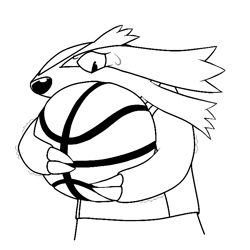 Size: 700x700 | Tagged: safe, artist:pinnipip, fictional species, linoone, mammal, feral, nintendo, pokémon, ball, basketball, basketball (ball), basketball uniform, bipedal, black and white, bust, claws, clothes, doodle, female, grayscale, holding, holding object, looking down, monochrome, shirt, simple background, solo, solo female, sweat, sweatdrop, topwear, white background
