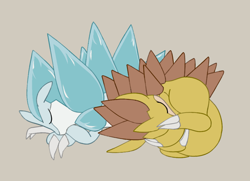 Size: 900x650 | Tagged: safe, artist:pinnipip, fictional species, mammal, pangolin, sandslash, feral, nintendo, pokémon, alolan sandslash, ambiguous gender, ambiguous only, claws, doodle, duo, duo ambiguous, eyes closed, fetal position, gray background, ice, lying down, on side, prone, simple background, sleeping, tail