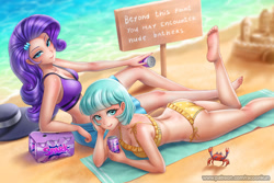 Size: 1501x1000 | Tagged: suggestive, artist:racoonkun, coco pommel (mlp), rarity (mlp), arthropod, crab, crustacean, human, mammal, feral, lifelike feral, friendship is magic, hasbro, my little pony, ambiguous gender, animal, anime, barefoot, beach, bedroom eyes, bikini, bikini bottom, bikini top, blushing, breasts, butt, can, clothes, commission, container, drink, duo, duo female, eyeshadow, feet, female, females only, hat, hatbutt, headwear, humanized, looking at you, makeup, non-sapient, purple bikini, purple bikini top, purple swimsuit, realistic, sand, sandcastle, sleeveless, soda, soles, species swap, sun hat, swimsuit, towel, water, yellow bikini, yellow swimsuit