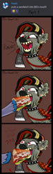 Size: 333x1102 | Tagged: safe, artist:firehearttheinferno, artist:luciothelucario, part of a set, oc, oc only, oc:bg, oc:bloody gash, oc:hawker hurricane, oc:ruby blood, equine, hybrid, mammal, pony, zebra, zony, feral, friendship is magic, hasbro, my little pony, 2023, >:d, angry, bg is not amused, biting, black hair, black hooves, black mane, blaze (coat marking), body markings, coat markings, comic, confused, crying, cute, digital art, discord (program), ear piercing, earring, engraving, evil rarity, ex-raider, exclamation point, facial markings, facial scar, fallout equestria oc, fangs, female, fierce, filly, foal, food, force feeding, fry brains, funny, gray coat, grin, growling, hair, hatchet, head marking, highlights, holding, hoof hold, hooves, jewelry, leather, leather straps, looking at someone, male, mane, mohawk, muffled words, multicolored hair, multicolored mane, onomatopoeia, personal space invasion, piercing, punk, question mark, raised tail, rawr, red eyes, sandwich, scar, sharp teeth, shaved mane, shocked, shocked expression, shoving, signature, silly, simple background, smiling, stallion, stripes, tail, tears of joy, teary eyes, teenager, teeth, text, this will end in death, this will end in pain, weapon, wood, young, zony oc