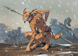Size: 1653x1200 | Tagged: safe, artist:shamerli, caracal, feline, mammal, anthro, 2023, clothes, crouching, ears, fur, green eyes, loincloth, male, outdoors, paws, rain, solo, solo male, spear, spots, spotted fur, tail, tan body, tan fur, tribal, weapon