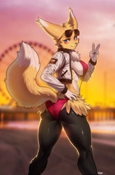 Size: 1881x2843 | Tagged: suggestive, artist:pgm300, oc, oc only, braixen, fictional species, hybrid, renamon, anthro, digimon, nintendo, pokémon, 2023, beach, big breasts, big butt, bikini, breasts, butt, clothes, detailed background, digital art, ear fluff, ears, eyelashes, female, fluff, fur, glasses, glasses on head, hair, hand on hip, hip fluff, jacket, looking at you, neck fluff, nipple outline, pose, rear view, sideboob, sling bikini, solo, solo female, starter pokémon, sunglasses, sunglasses on head, swimsuit, tail, thick thighs, thighs, topwear, wide hips