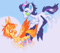 Size: 1122x1000 | Tagged: safe, artist:webkinzworldz, soarin' (mlp), spitfire (mlp), equine, fictional species, mammal, pegasus, pony, feral, friendship is magic, hasbro, my little pony, 2021, asexual, asexual pride flag, cloud, duo, duo male and female, feathered wings, feathers, female, flag, flying, ftm transgender, gay pride flag, hooves, male, mtf transgender, pride, pride flag, transgender, transgender pride flag, unshorn fetlocks, wings