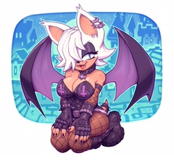Size: 1528x1400 | Tagged: safe, artist:goobone, rouge the bat (sonic), bat, mammal, anthro, sega, sonic the hedgehog (series), big breasts, boots, breasts, cleavage, clothes, collar, female, fishnet, fishnet stockings, gloves, goth, hair, hair over one eye, kneeling, legwear, see-through, shoes, solo, solo female, stockings, thick thighs, thighs, topwear, wide hips, wings