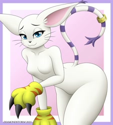 Size: 1800x2000 | Tagged: suggestive, alternate version, artist:diamondstorm, fictional species, gatomon, anthro, digimon, 2023, bedroom eyes, belly button, bent over, black nose, breasts, butt, claws, clothes, digital art, ears, eyelashes, featureless breasts, featureless crotch, female, fur, gloves, looking at you, simple background, small breasts, solo, solo female, tail, thighs, wide hips