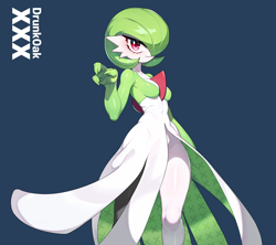 Size: 1254x1113 | Tagged: safe, artist:drunk_oak, fictional species, gardevoir, anthro, nintendo, pokémon, 2023, bottomwear, breasts, clothes, digital art, dress, ears, eyelashes, female, front view, hair, hair over one eye, legwear, looking at you, pose, sideboob, simple background, solo, solo female, stockings, thighs, wide hips